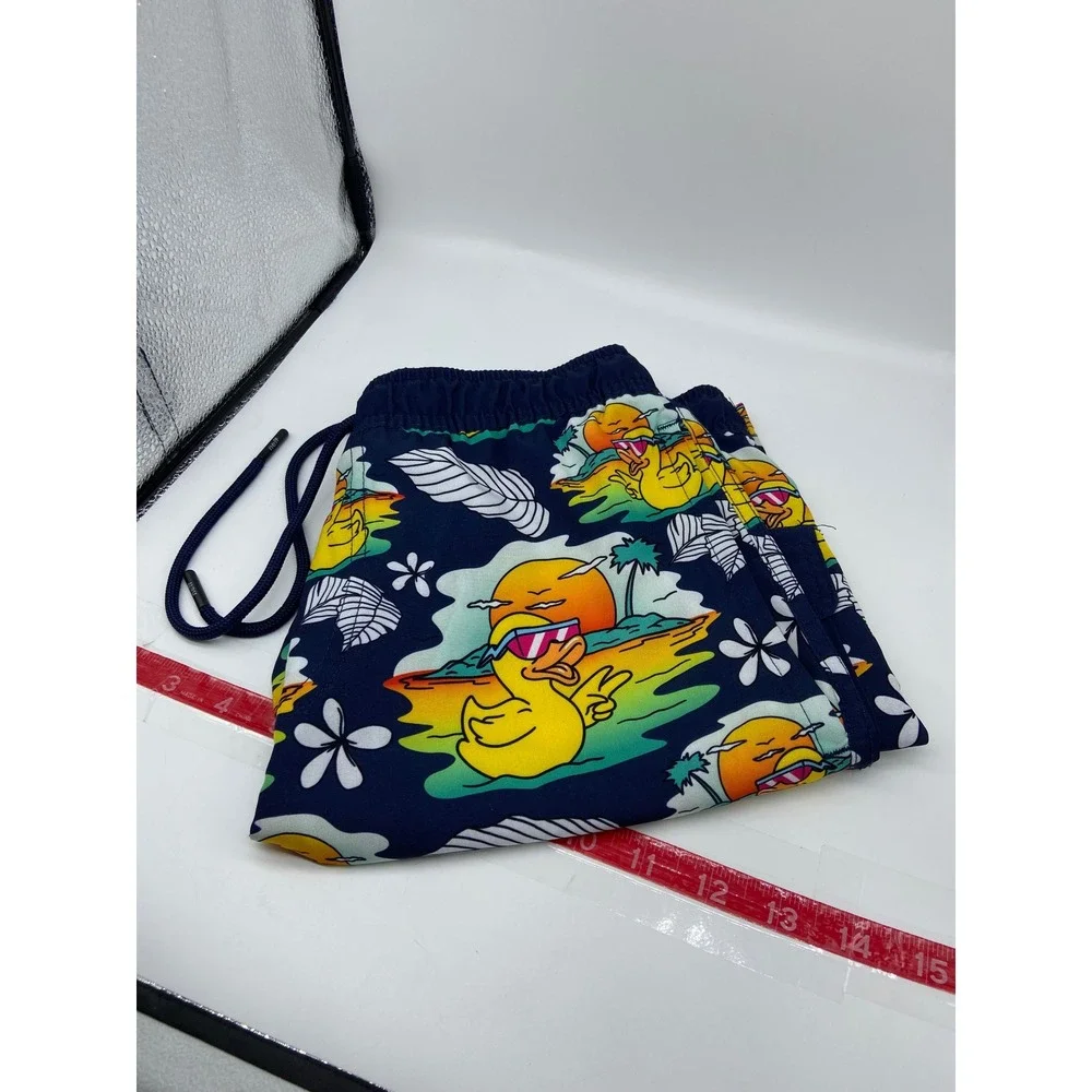 Neff Swim Trunks Navy Blue Duck Tropical Print Drawstring Board Shorts Medium